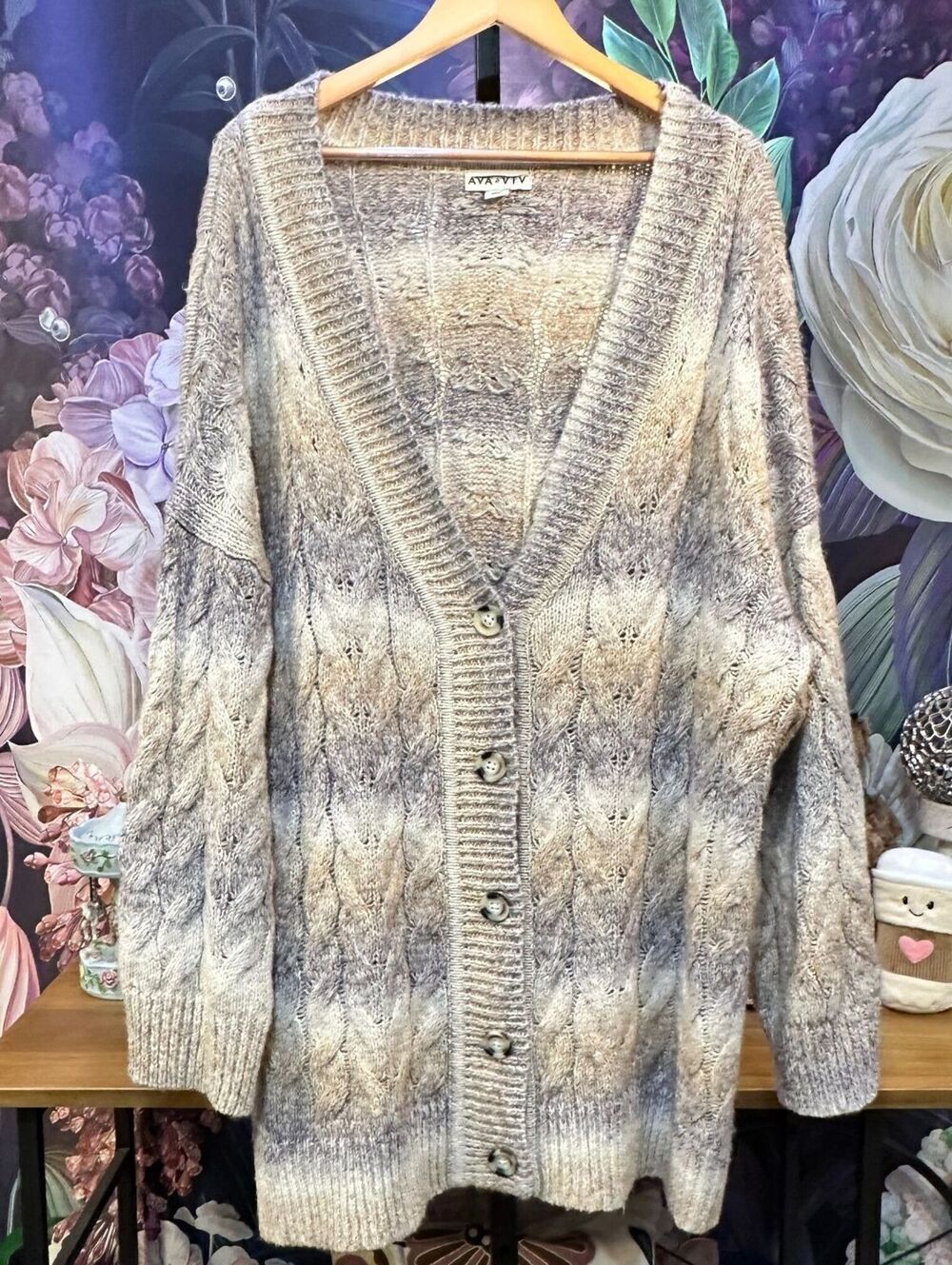 Ava & Viv 3X Cable Knit Longline Cardigan Boho Cottagecore Casual Button Front